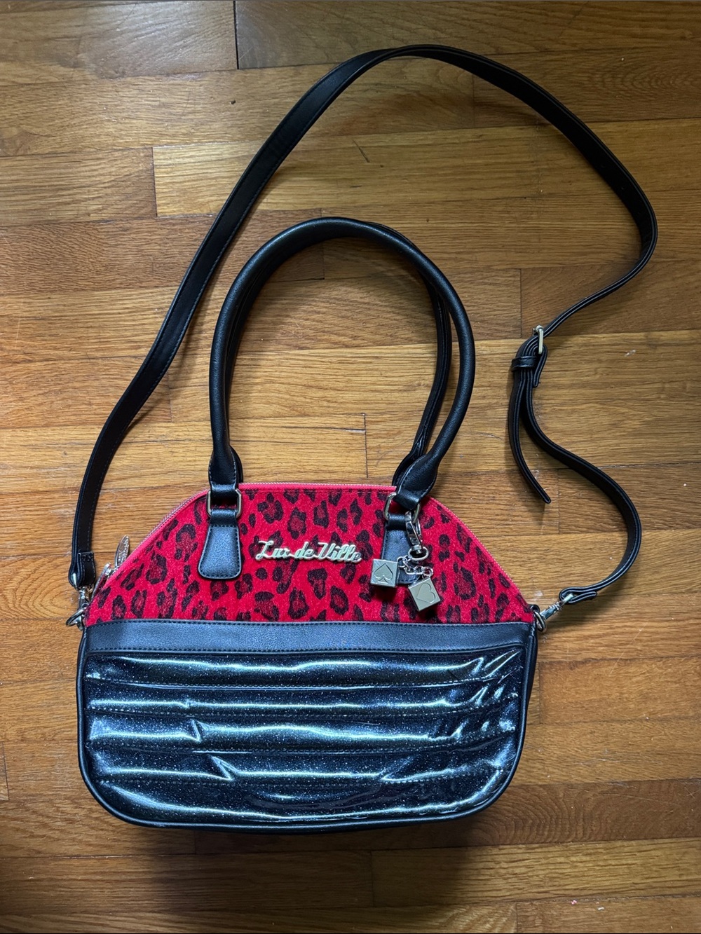Lux Deville Red Leopard print and black sparkly vinyl rockabilly/pinup purse